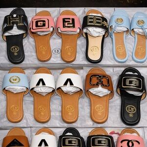 Logo-Accent Women's Slide Sandals in Black, Tan, Pink, Light Blue & White